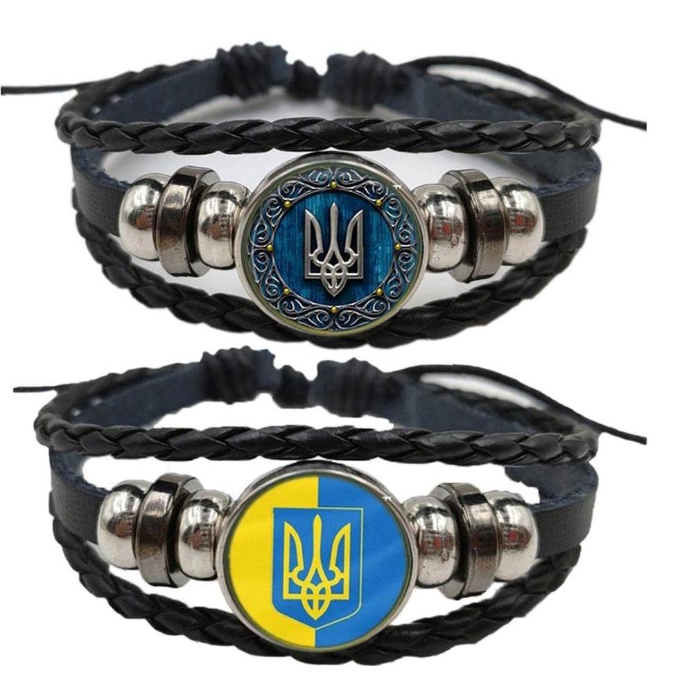 TOSSPER Ukraine Bracelet, 2 Pcs Multilayer Ukrainian Flag Symbol Charm Leather Bracelet Bangle Jewelry for Men Women, Multicolor, 7.09inch/18cm