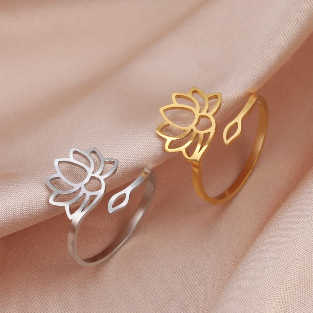 Dreamtimes Lotus Flower Rings for Women Encouragement Lotus Flower Adjustable Ring Vintage Jewelry Buddha Yoga Ring Wedding Mother Bague Gift (GOLD)