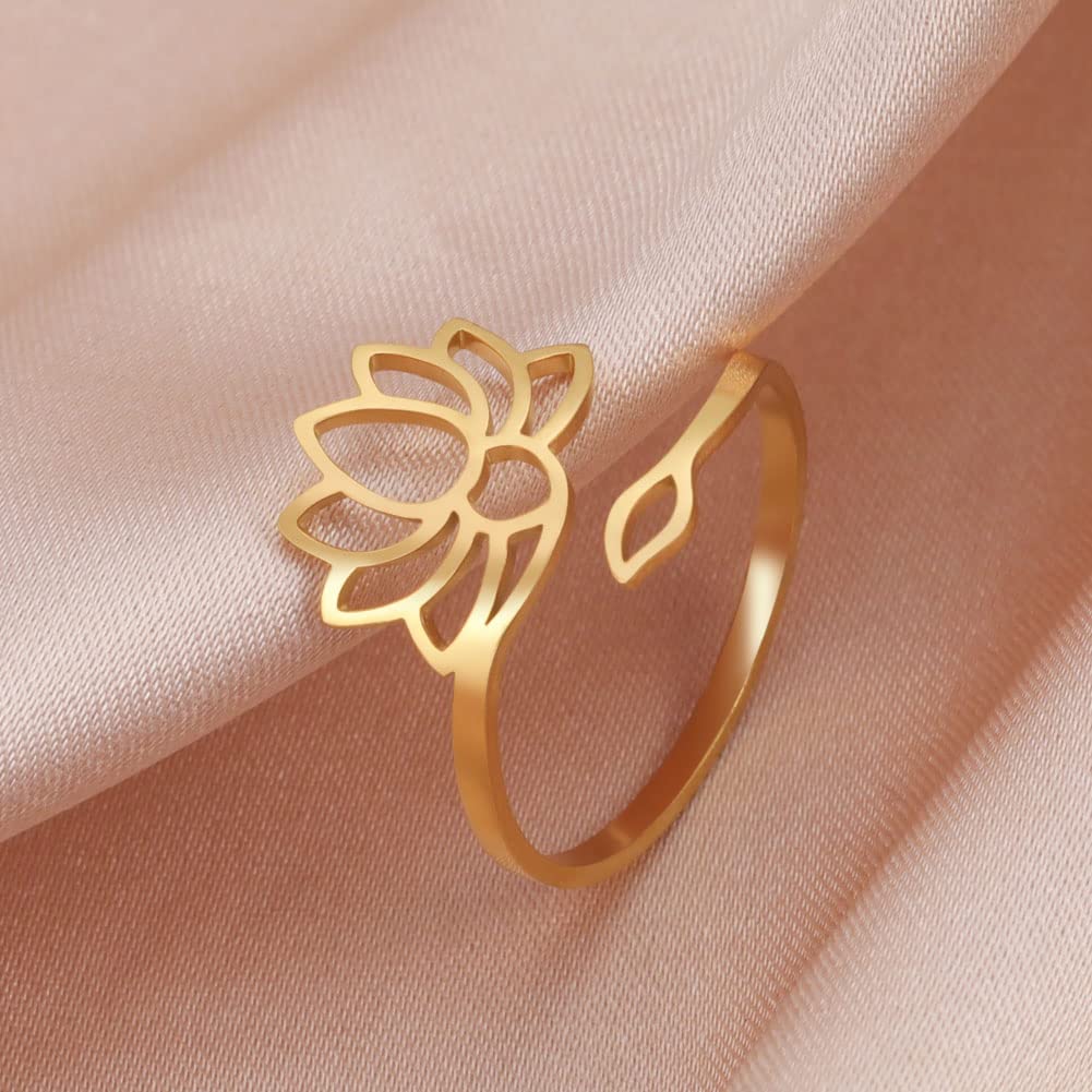 Dreamtimes Lotus Flower Rings for Women Encouragement Lotus Flower Adjustable Ring Vintage Jewelry Buddha Yoga Ring Wedding Mother Bague Gift (GOLD)