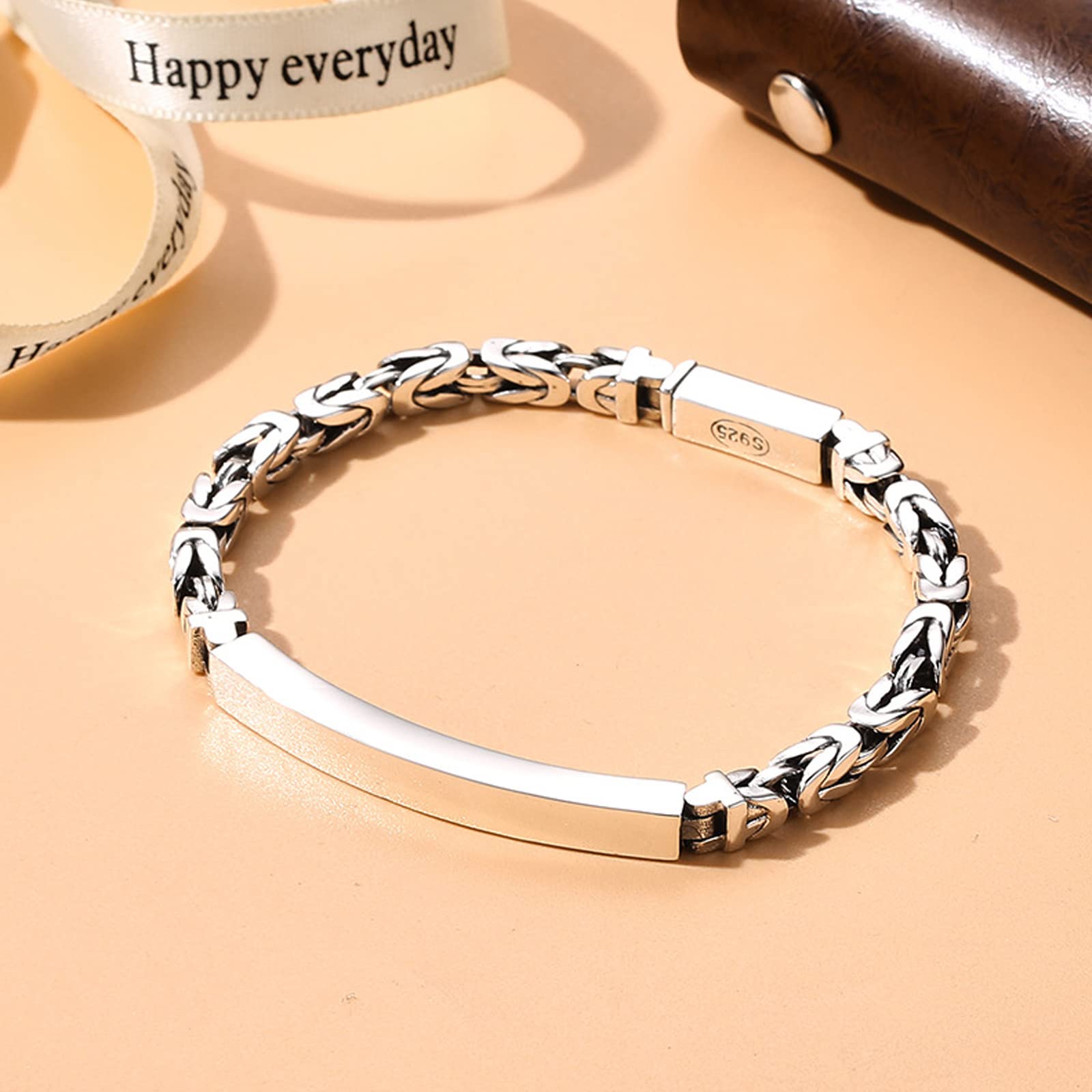 Myshiwu 925 Sterling Silver Bracelet for Men Women Byzantine Bar Bracelet (Silver, 18cm)