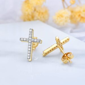 10K Real Gold Moissanite Cross Stud Earrings for Women, MUUYON 10K Solid Yellow Gold Simple Cute Elegant Studs, Ideal Gift for Women Mother Wife