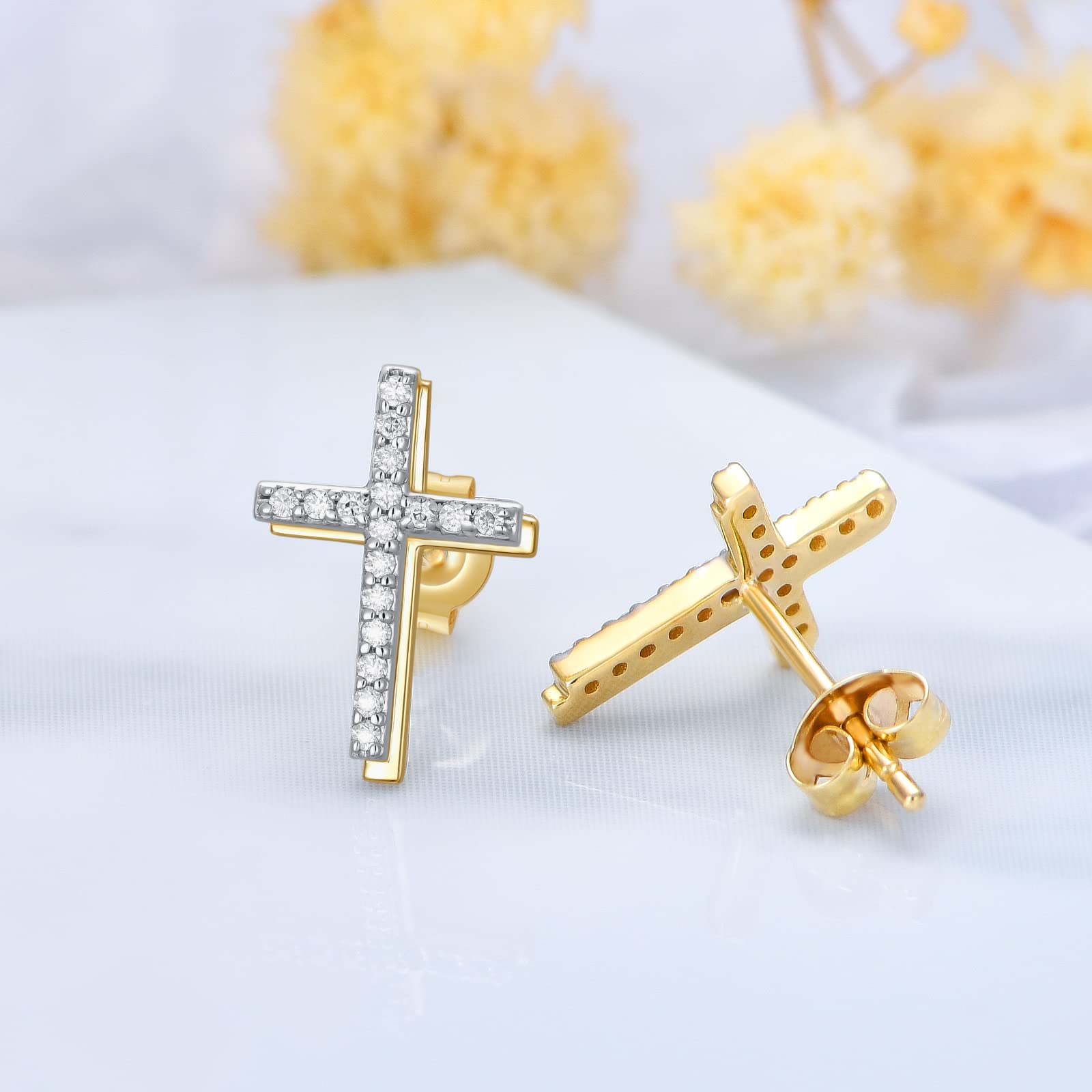 10K Real Gold Moissanite Cross Stud Earrings for Women, MUUYON 10K Solid Yellow Gold Simple Cute Elegant Studs, Ideal Gift for Women Mother Wife