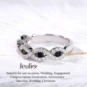 Jeulia Engraved Half Eternity Wedding Band Sterling Silver Sapphire Blue Stackable Engagement Rings White Diamond Cubic Zirconia CZ Anniversary Promise Rings with Jewelry Box (Black, 6.5)