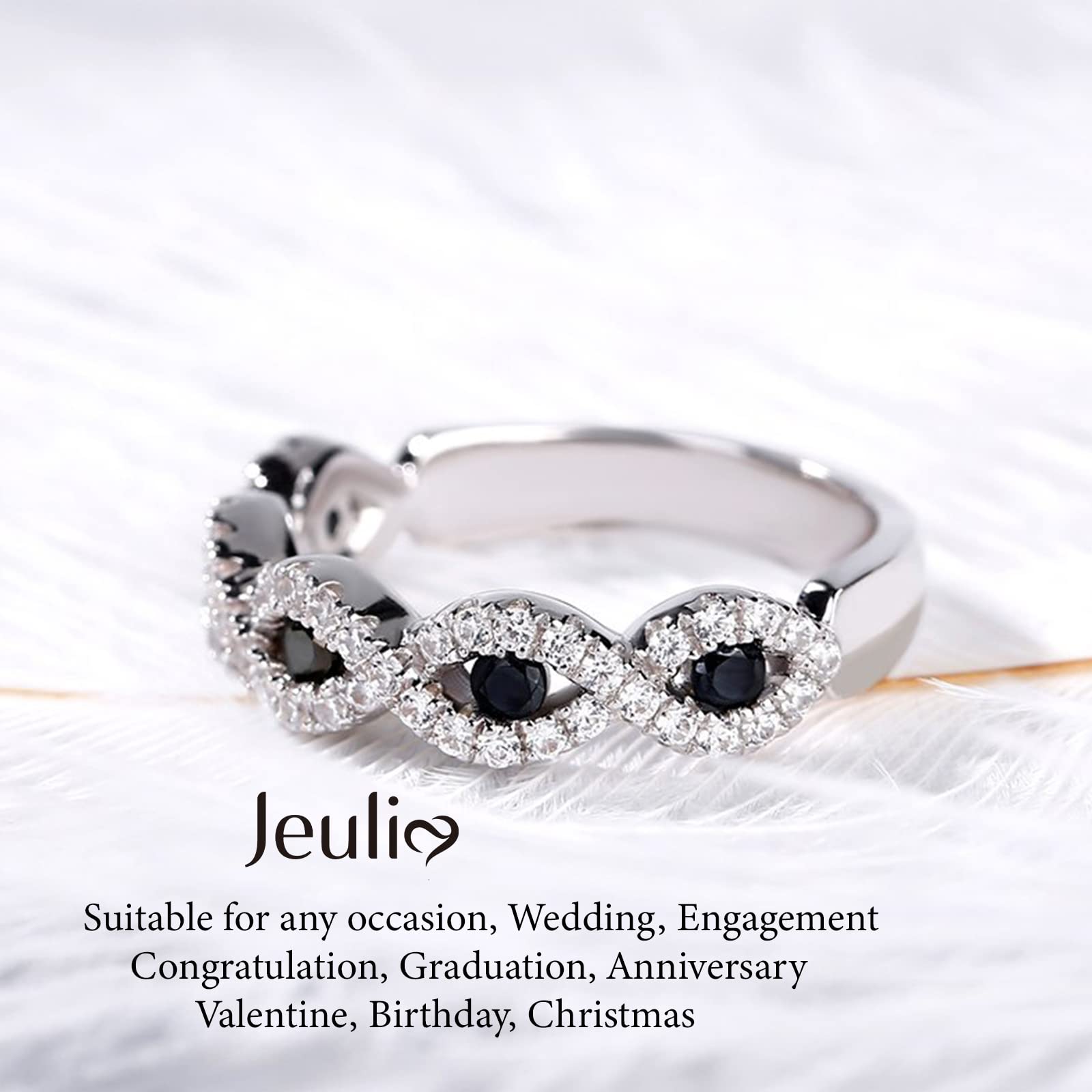 Jeulia Engraved Half Eternity Wedding Band Sterling Silver Sapphire Blue Stackable Engagement Rings White Diamond Cubic Zirconia CZ Anniversary Promise Rings with Jewelry Box (Black, 6.5)