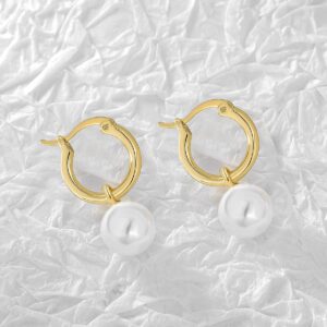 Pearl Hoop Earrings for Women 14k Gold Plated Pearl Dangle Small Hoop Earrings with 925 Sterling Silver Post (Gold)