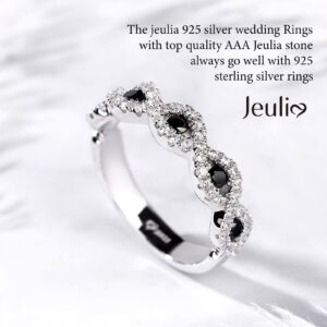 Jeulia Engraved Half Eternity Wedding Band Sterling Silver Sapphire Blue Stackable Engagement Rings White Diamond Cubic Zirconia CZ Anniversary Promise Rings with Jewelry Box (Black, 6.5)