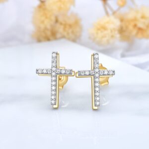 10K Real Gold Moissanite Cross Stud Earrings for Women, MUUYON 10K Solid Yellow Gold Simple Cute Elegant Studs, Ideal Gift for Women Mother Wife