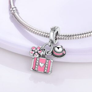 NARMO 925 Sterling Silver Charms for Pandora Bracelets Silver Charms Pink Suitcase Makeup Bag Charms for Women