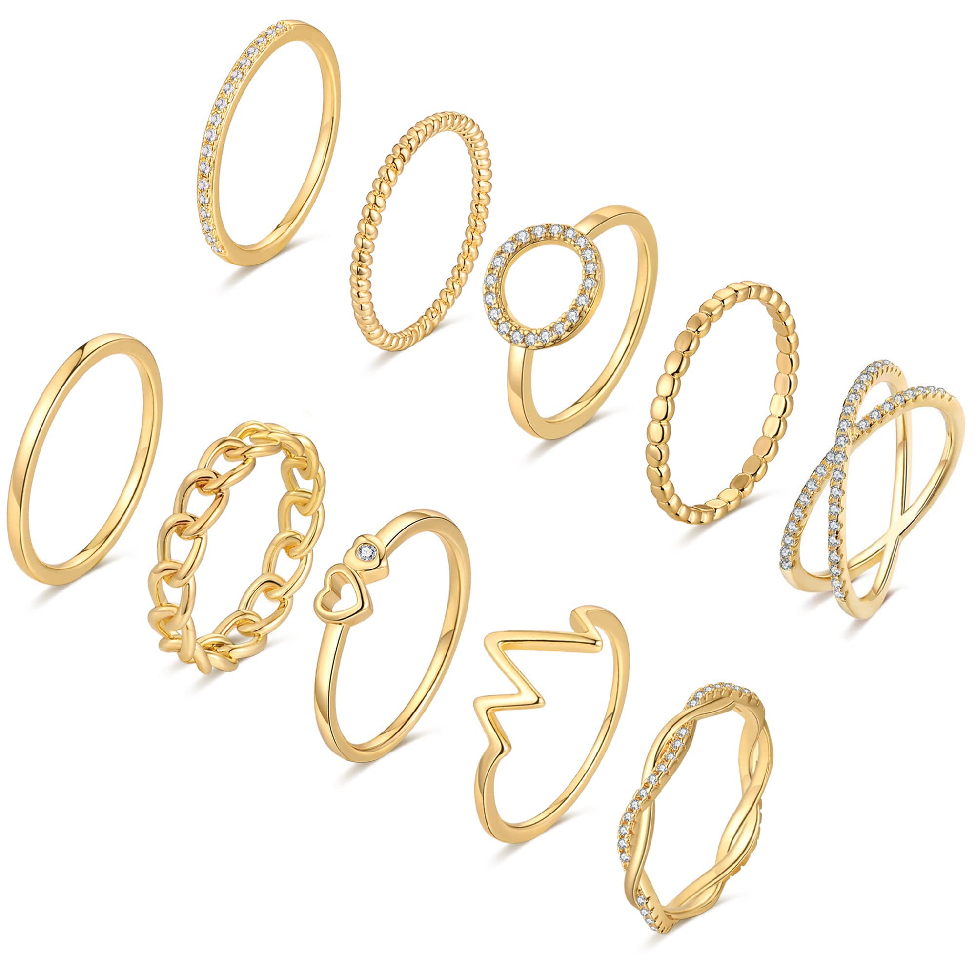 KOHOTA 10PCS 14K Gold Plated Rings for Women Gold Stackable Knuckle Rings Set Cute Dainty Silver Stacking Band Ring Pack Simple Heart Zirconia Wedding Promise Eternity Rings Size 5-12