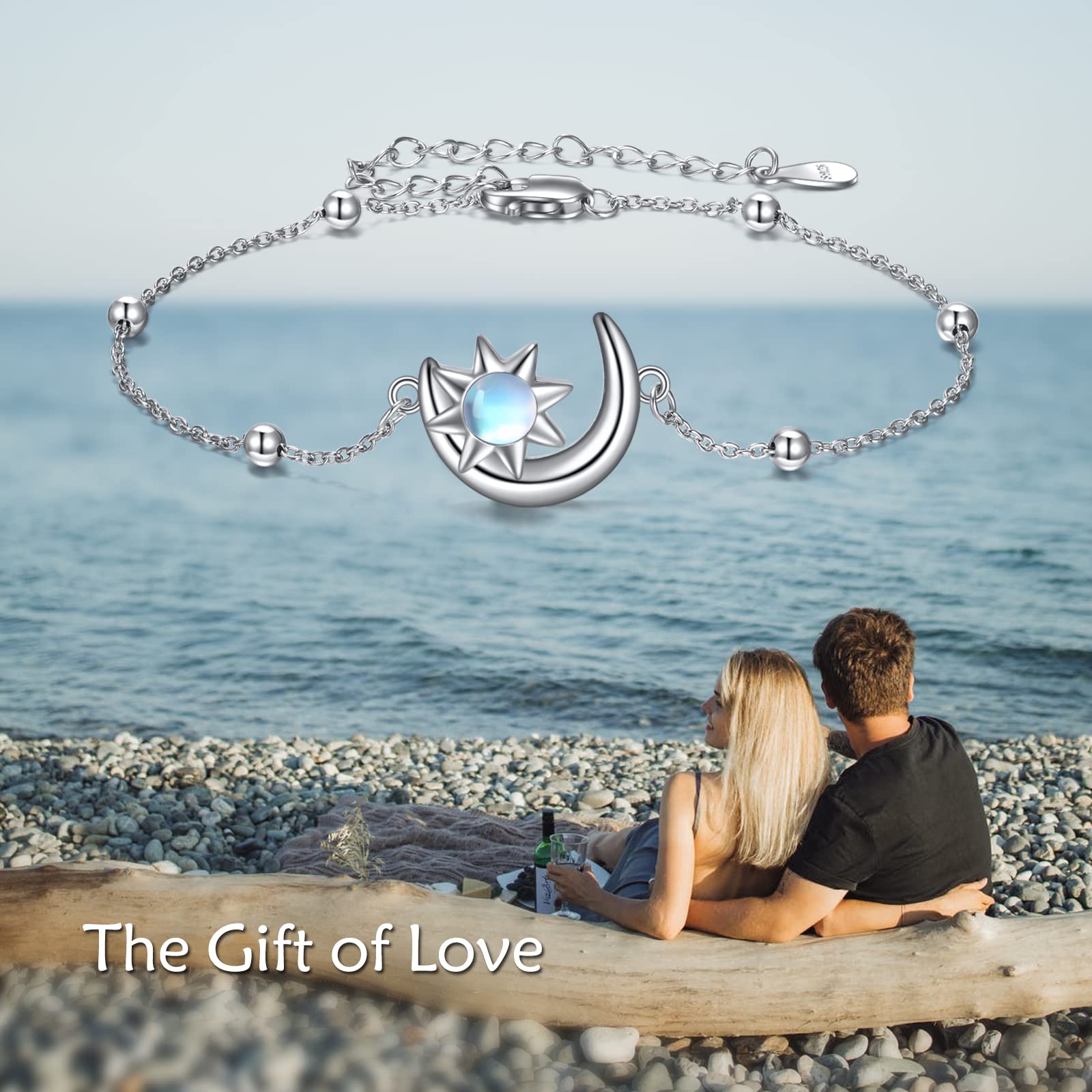 KQF Moon Star Bracelet for Women Sterling Silver Moonstone Crescent Moon Link Chain Bracelet Jewelry for Teen Girls Girlfriend