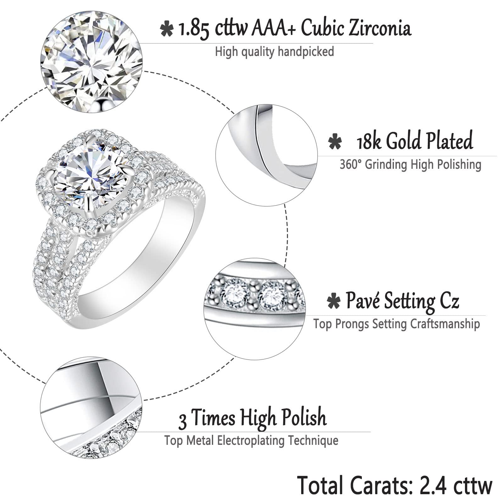 CEJUG 18K White Gold Plated Cubic Zirconia Halo Engagement Promise Eternity Rings for Women Wedding Bands Bridal Ring Set Size 10