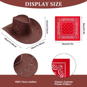 JaGely 18 Pcs Cowboy Western Hat for Women Men with Paisley Bandanna and Black Half Mask for Cowgirl Cowboy Halloween Party(Brown Hat)