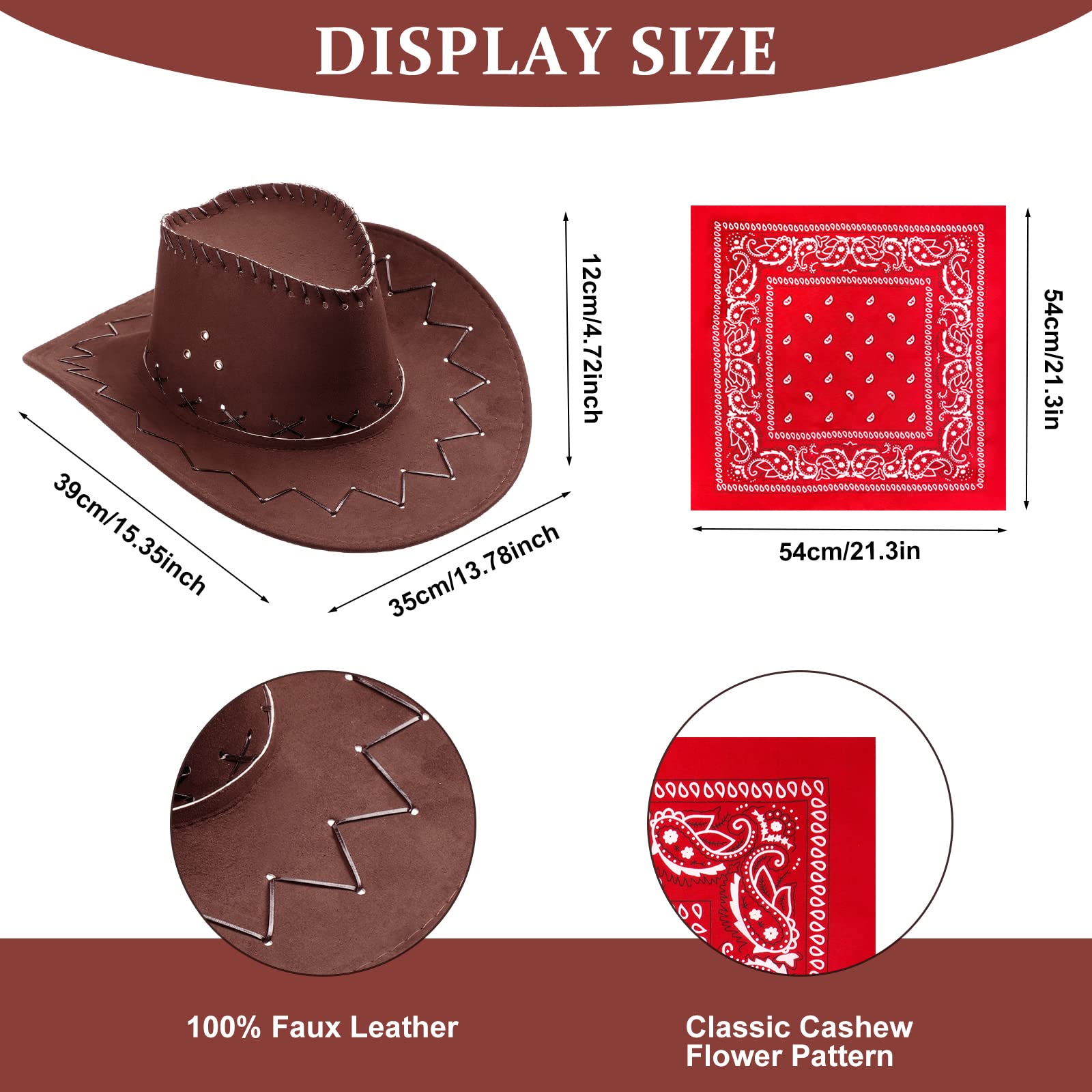 JaGely 18 Pcs Cowboy Western Hat for Women Men with Paisley Bandanna and Black Half Mask for Cowgirl Cowboy Halloween Party(Brown Hat)