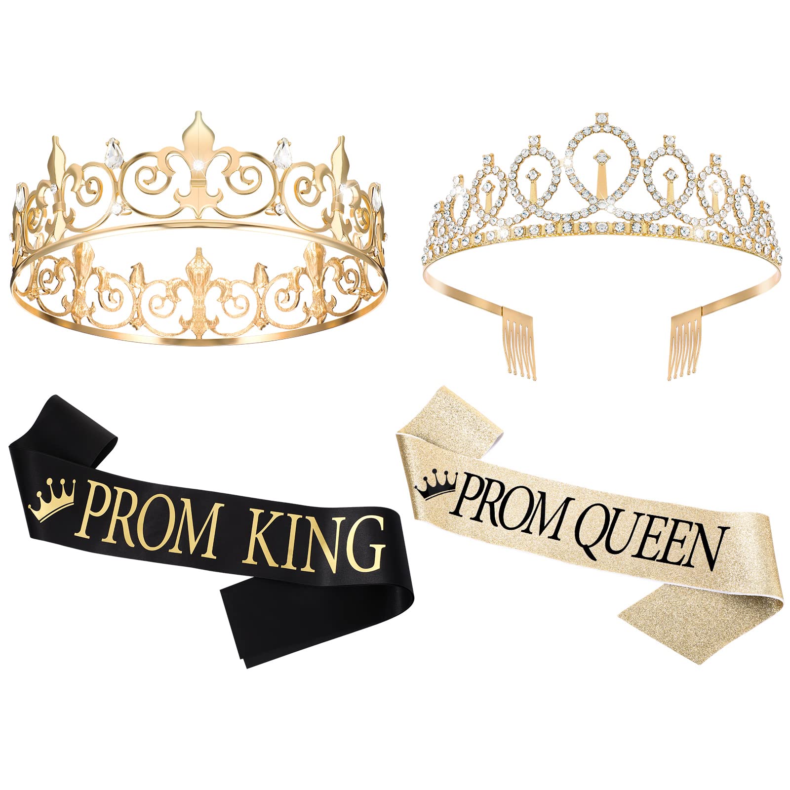 Saintrygo Prom King and Queen Crowns - 80s Cosplay Party Favors Tiara, Sash, Shiny Satin for Adults, 2024 Grad (4 Pcs, Graceful Style)