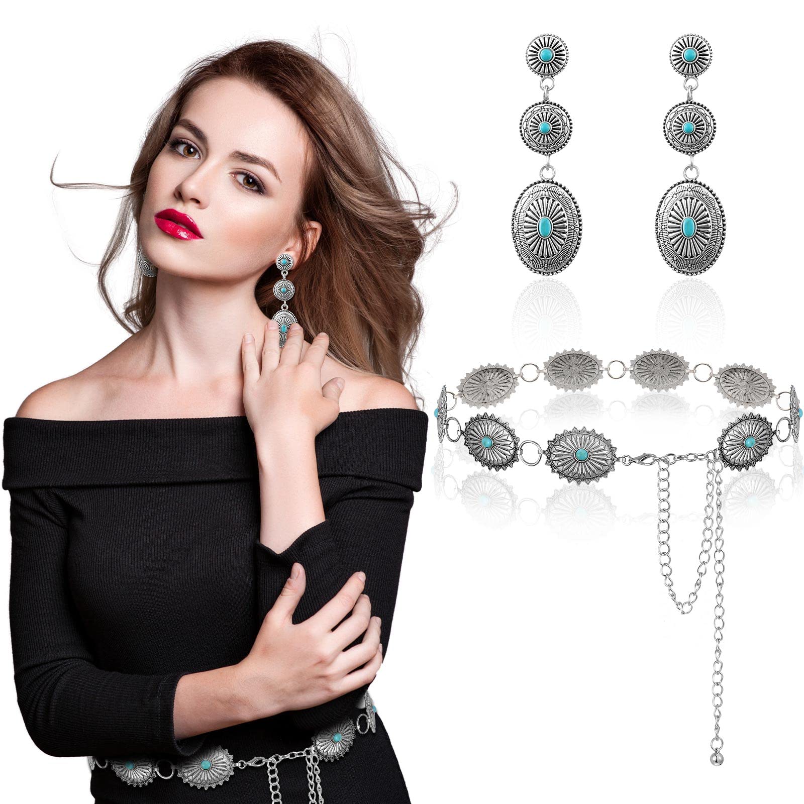 3 Pieces Western Jewelry for Women Western Turquoise Concho Chain Belts Boho Waist Belt Silver Metal Belt for Dress and Vintage Turquoise Dangle Earrings Drop Statement Post Earrings