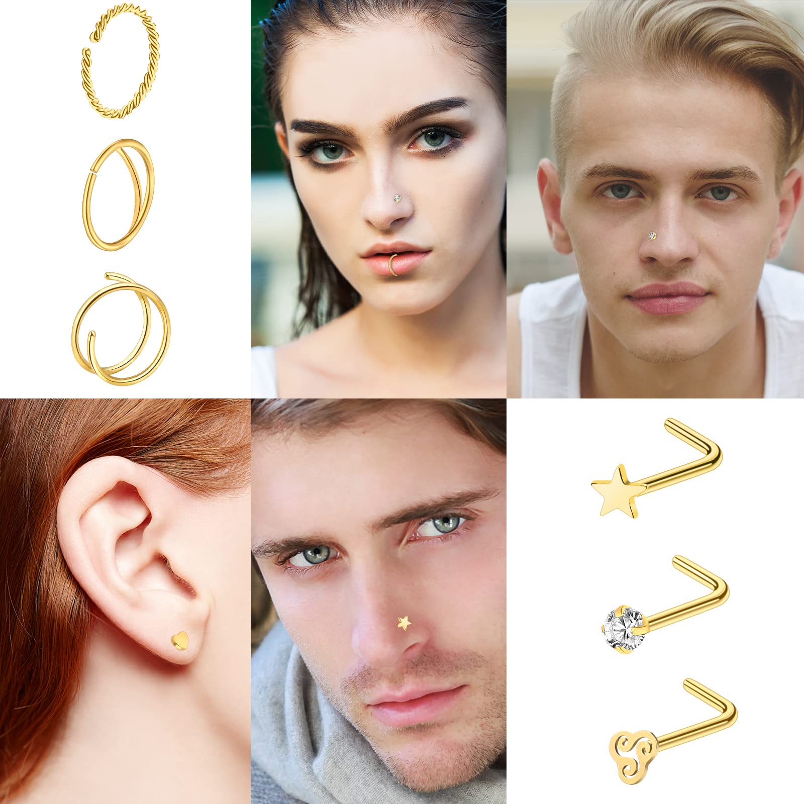 ONESING 29 PCS Gold Nose Rings for Women 20g Nose Piercings with Nose Rings Hoops L shaped Nose Screw Surgical Stainless Steel Nose Studs CZ Heart Star Hypoallergenic Nostril Nose Piercing Jewelry