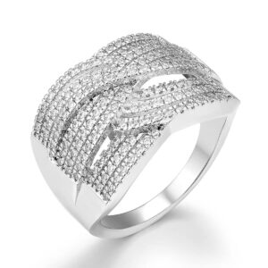 Delicin Jewelry Rhodium Plated Cubic Zirconia Criss Cross Wide Band Cocktail Ring