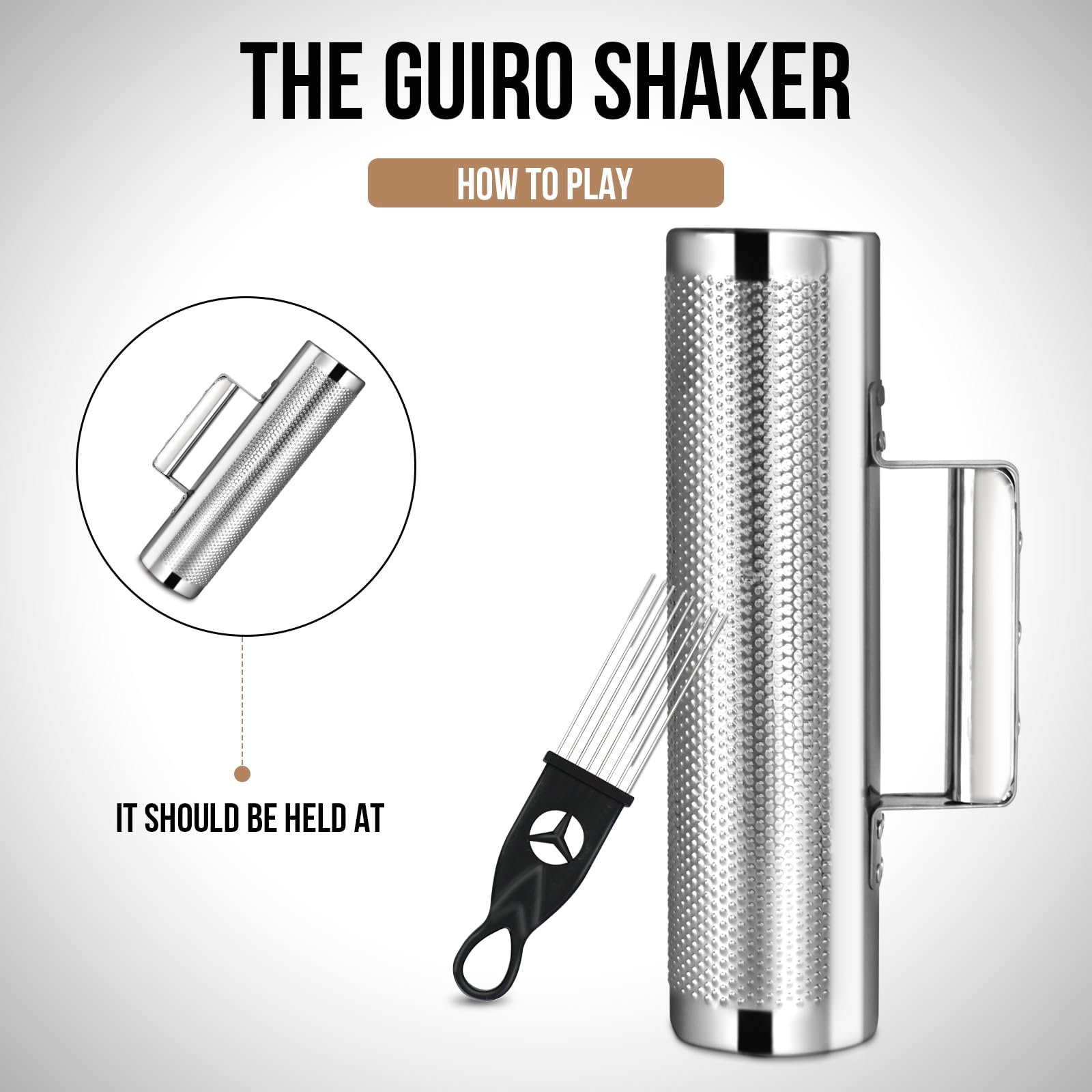 Soulmate Guiro 10"x3" Metal Guiro Instrument Stainless Steel Professional Latin Percussion Guiro Shaker Instruments Tool with Scraper for Live Performance