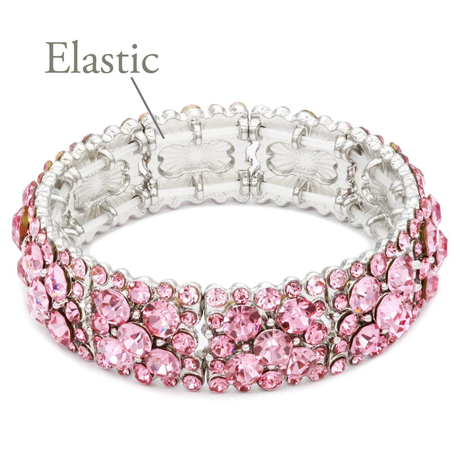 Lavencious Round Shape Rhinestones Elastic Stretch Bracelet Party Jewelry for Women 7"(Silver Pink)