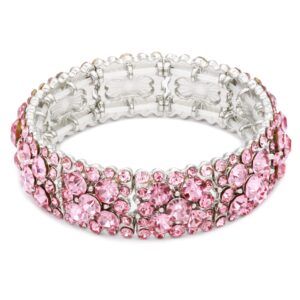 lavencious round shape rhinestones elastic stretch bracelet party jewelry for women 7"(silver pink)