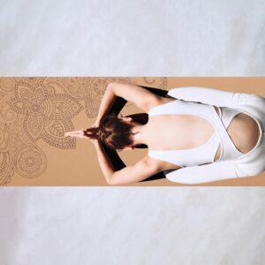 Higher Altitude Body Yoga Cork Mat - 72 x 24in Cork Exercise Mat with Rubber Padding and Carrying Loop - Flower Design