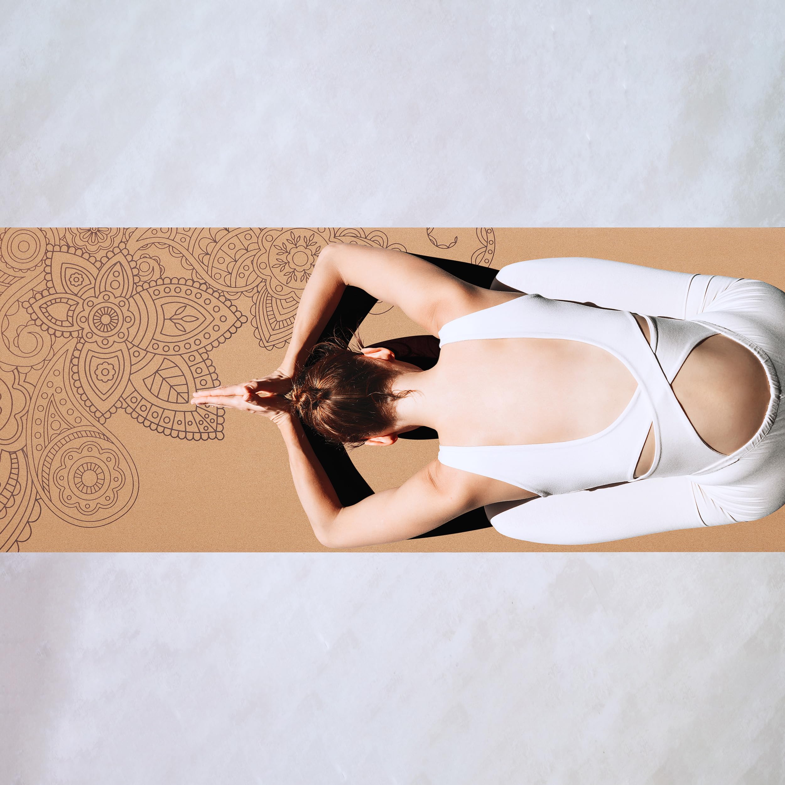 Higher Altitude Body Yoga Cork Mat - 72 x 24in Cork Exercise Mat with Rubber Padding and Carrying Loop - Flower Design