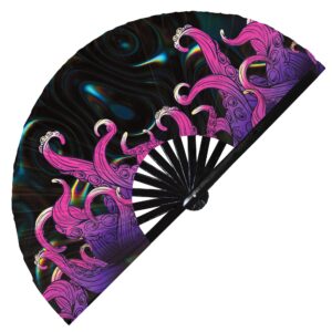 octopus hand fan foldable handmade bamboo circuit rave hand fans angry iridescent rainbow octopus mandala decor animal fan outfit party gear gifts music festival rave accessories (style 2)