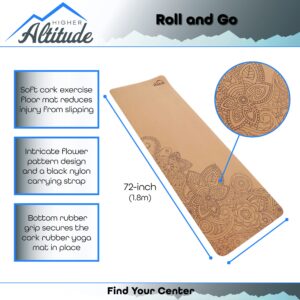 Higher Altitude Body Yoga Cork Mat - 72 x 24in Cork Exercise Mat with Rubber Padding and Carrying Loop - Flower Design