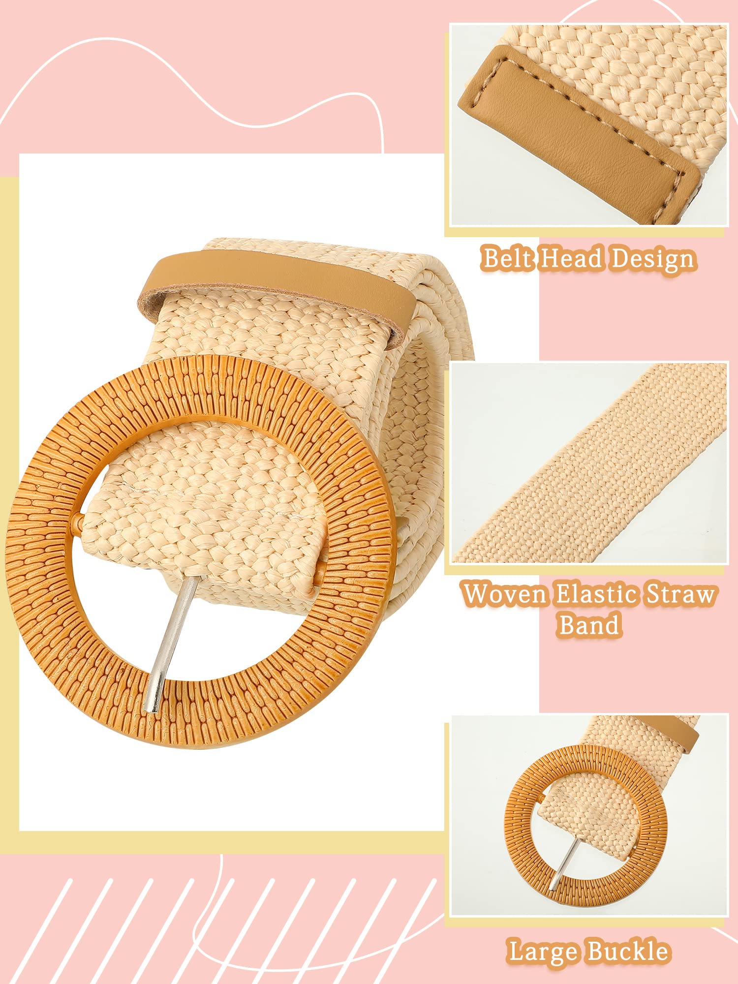 Geyoga 6 Pack Women Straw Belt Woven Elastic Stretch Waist Belt Skinny Braided Waist Belt Boho Rattan Belts with Wood Buckle Belts for Women Dress Belt, 2 Sizes