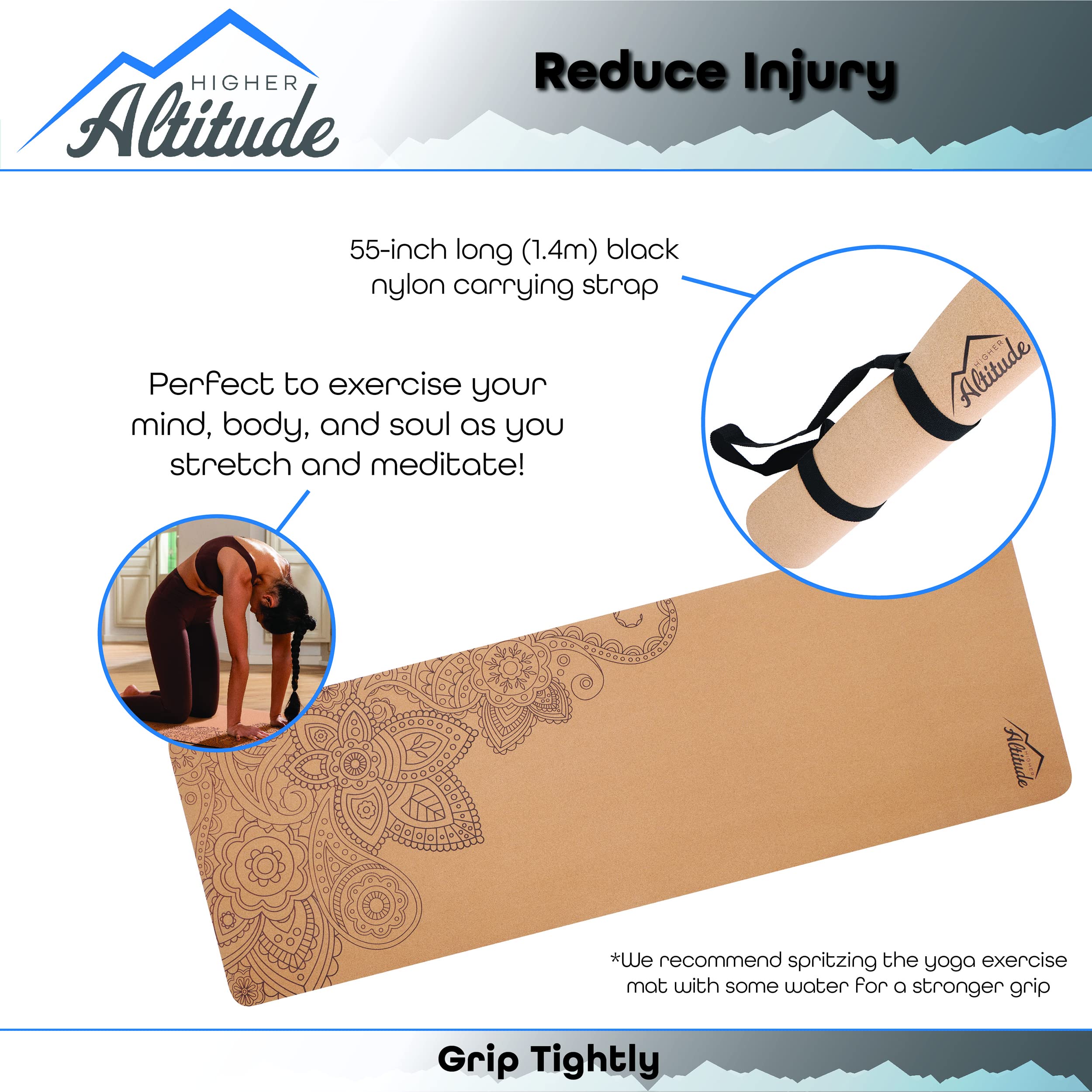 Higher Altitude Body Yoga Cork Mat - 72 x 24in Cork Exercise Mat with Rubber Padding and Carrying Loop - Flower Design