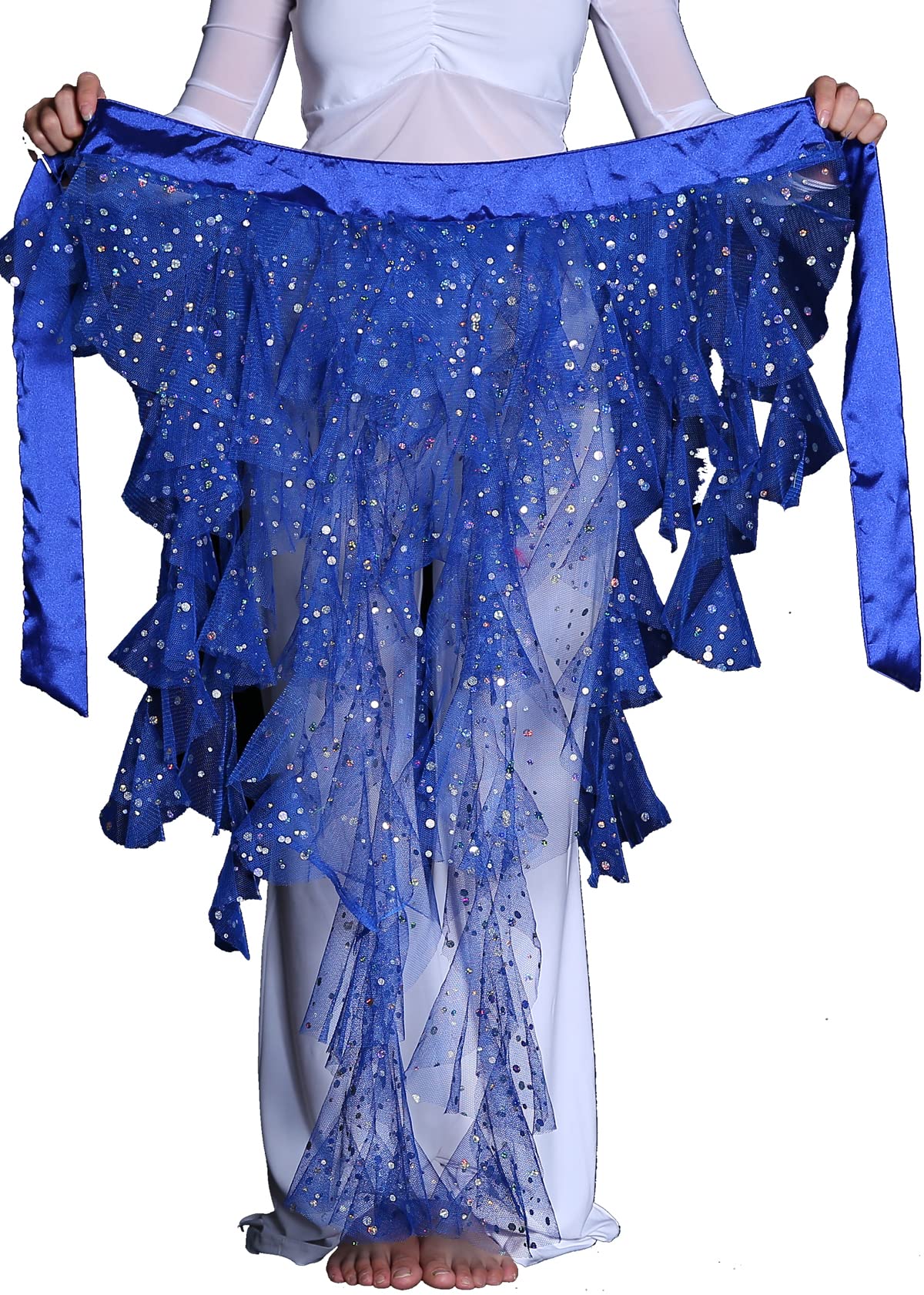 ZLTdream Women's Belly Dance Fox Triangle Waving Cut Hip Scarf Skirt with Tassel Highlight Mesh Dark Blue