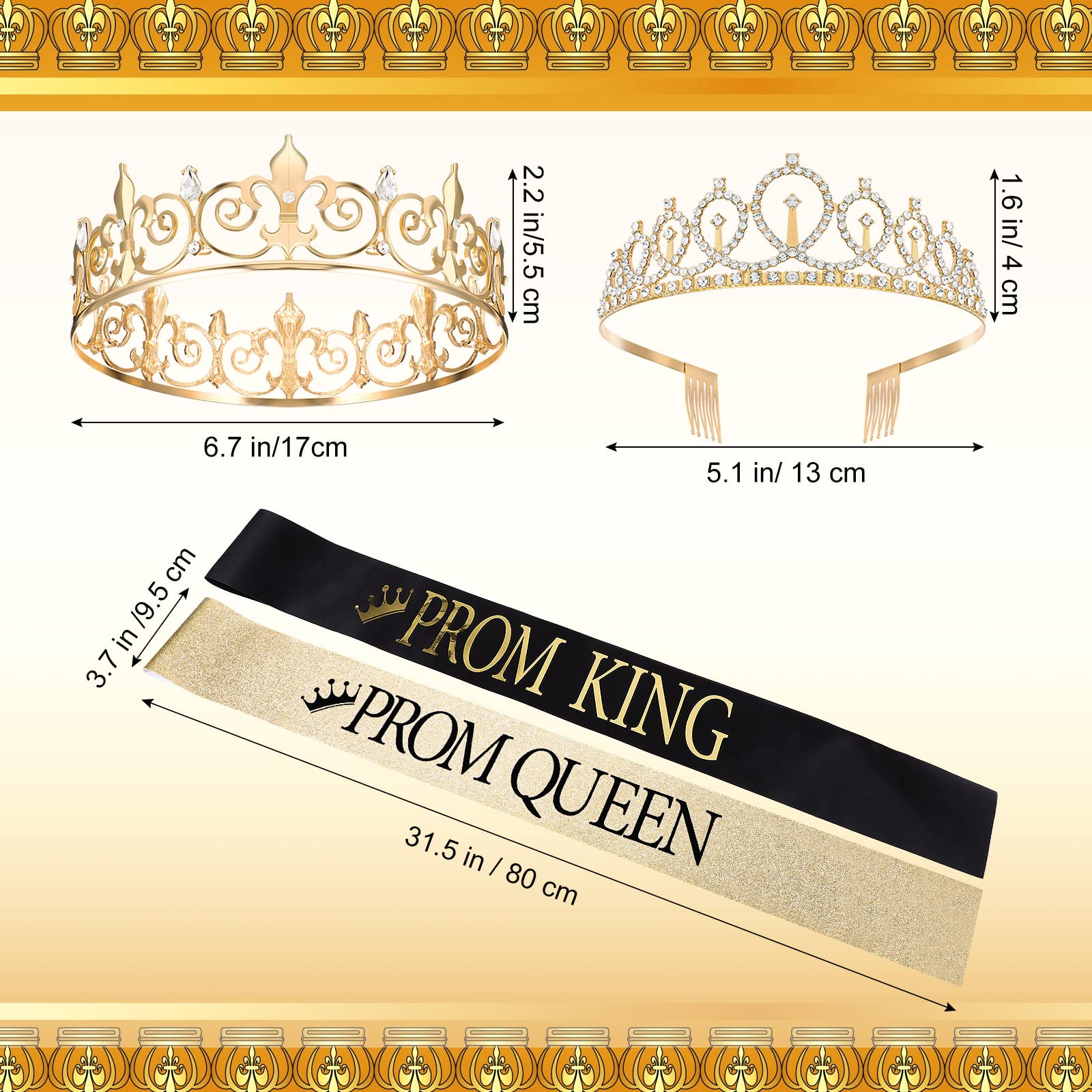 Saintrygo Prom King and Queen Crowns - 80s Cosplay Party Favors Tiara, Sash, Shiny Satin for Adults, 2024 Grad (4 Pcs, Graceful Style)