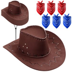 JaGely 18 Pcs Cowboy Western Hat for Women Men with Paisley Bandanna and Black Half Mask for Cowgirl Cowboy Halloween Party(Brown Hat)