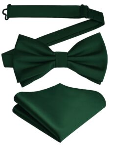 branduce mens solid dark green bow tie and pocket square set for wedding pre-tied adjustable satin silk forest green bowtie handkerchief (bb01-29)