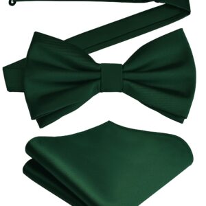 Branduce Mens Solid Dark Green Bow Tie and Pocket Square Set for Wedding Pre-tied Adjustable Satin Silk Forest Green Bowtie Handkerchief (BB01-29)