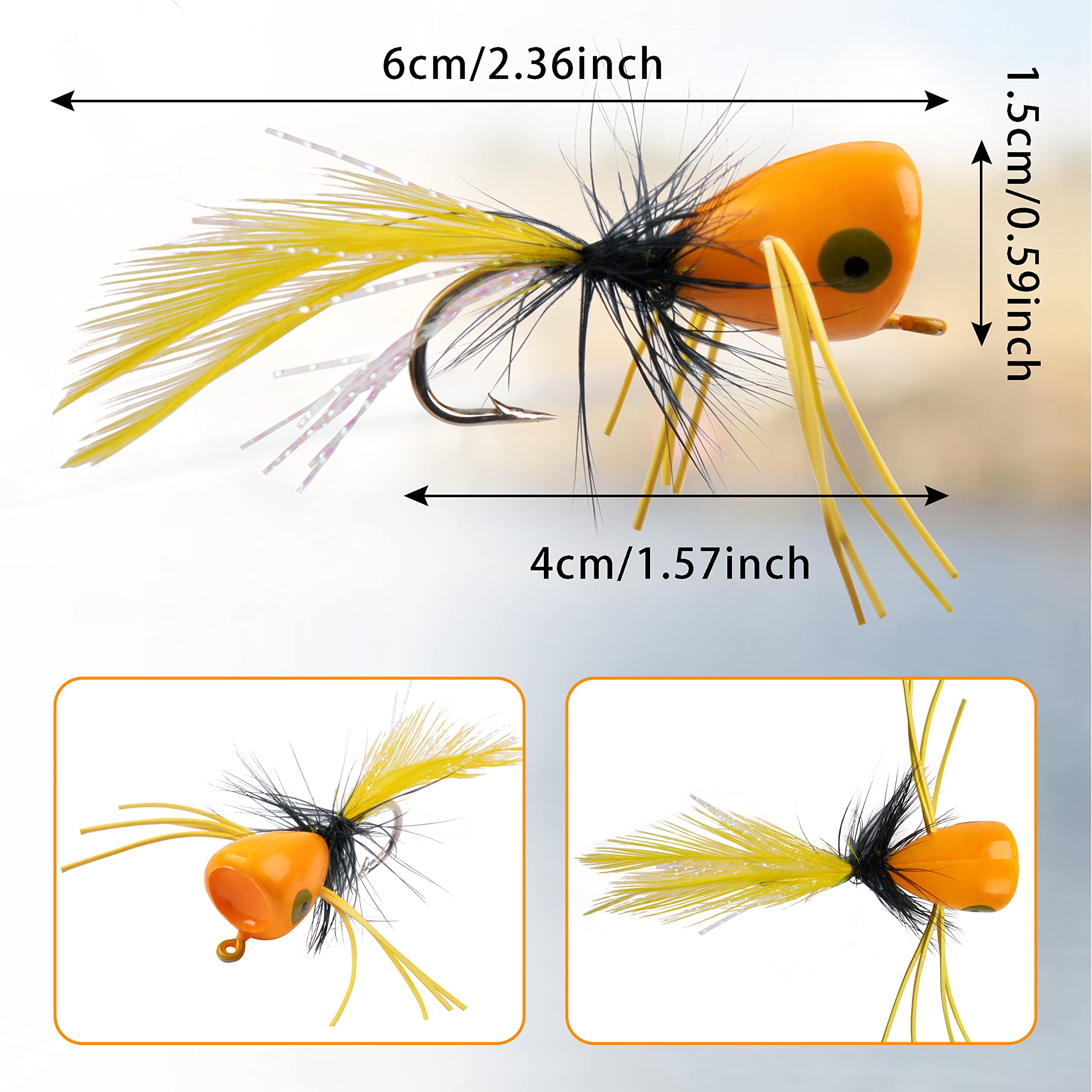 Fly Fishing Flies Fly Popper Panfish Bass Popper Flies Dry Fly Fishing Flies Topwater Bait Fly Fishing Popper for Bass Trout Panfish Crappie Bluegill Sunfish