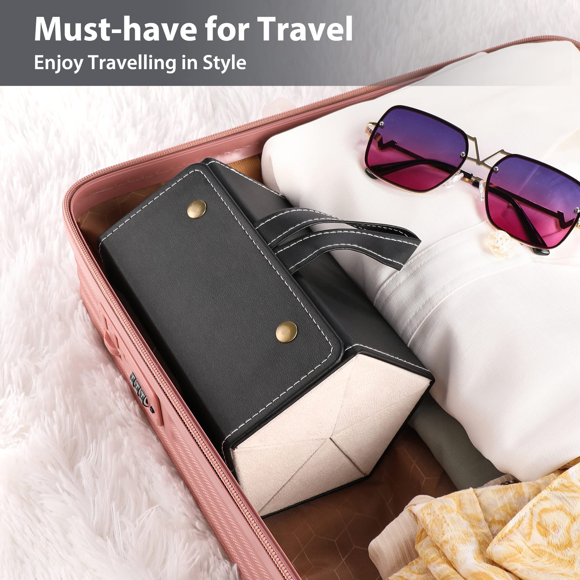 Muf Travel Sunglass Organizer 5 Slots,Sunglass Case for Multiple Sunglasses Suit for Oversized Sunglass,Leather Glasses Case Storage with Mirror & Strap for Women Men,Black