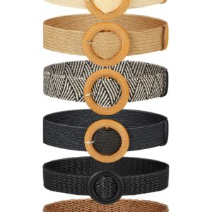 Geyoga 6 Pack Women Straw Belt Woven Elastic Stretch Waist Belt Skinny Braided Waist Belt Boho Rattan Belts with Wood Buckle Belts for Women Dress Belt, 2 Sizes