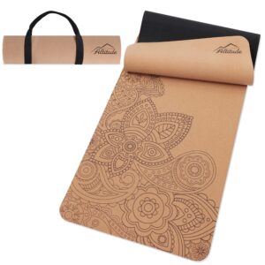 higher altitude body yoga cork mat - 72 x 24in cork exercise mat with rubber padding and carrying loop - flower design