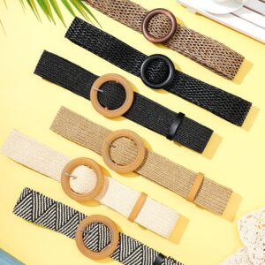 Geyoga 6 Pack Women Straw Belt Woven Elastic Stretch Waist Belt Skinny Braided Waist Belt Boho Rattan Belts with Wood Buckle Belts for Women Dress Belt, 2 Sizes