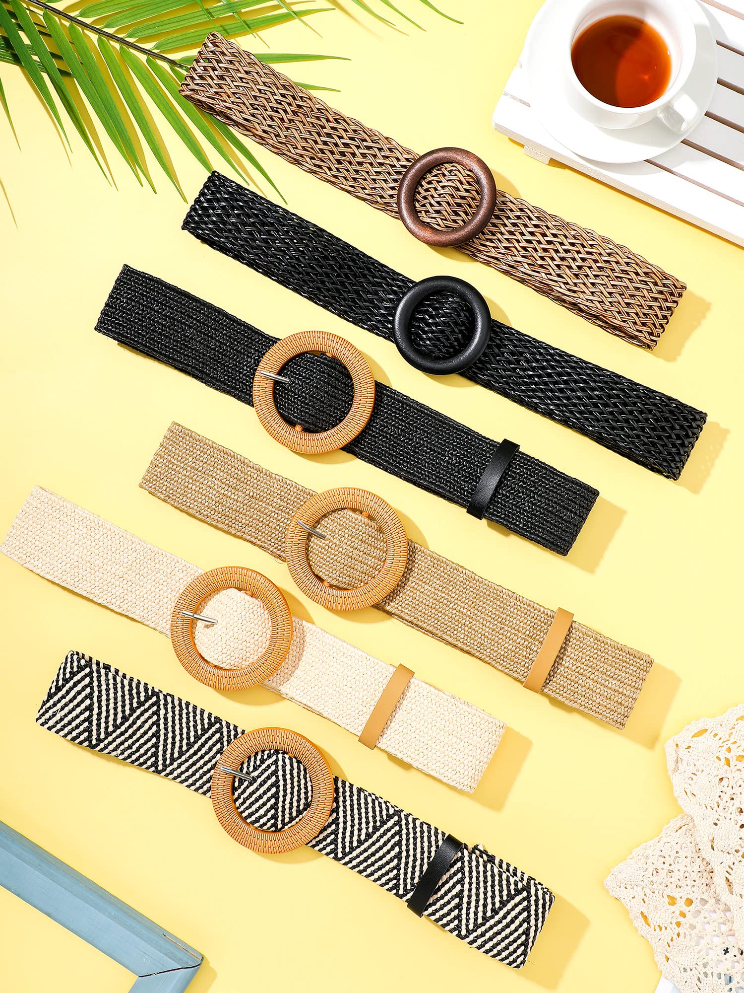 Geyoga 6 Pack Women Straw Belt Woven Elastic Stretch Waist Belt Skinny Braided Waist Belt Boho Rattan Belts with Wood Buckle Belts for Women Dress Belt, 2 Sizes