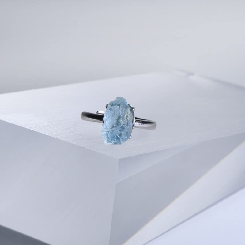 Sundarwald Small Aquamarine Raw Gemstone Varnished Brass Ring Adjustable for Women Men Unisex White Blue Stones Natural March Birthstone Slim Band Unique Simple Gifts