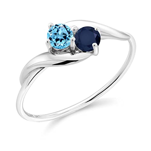 Gem Stone King 0.42 Ct Round Swiss Blue Topaz Blue Sapphire 10K White Gold Ring (Size 6)