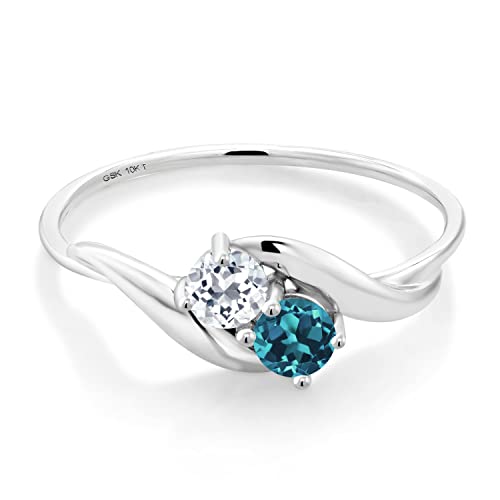 Gem Stone King 0.44 Ct Round White Topaz London Blue Topaz 10K White Gold Ring (Size 8)