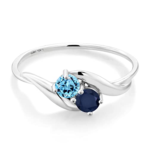 Gem Stone King 0.42 Ct Round Swiss Blue Topaz Blue Sapphire 10K White Gold Ring (Size 6)