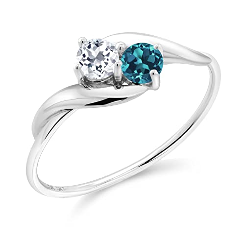 Gem Stone King 0.44 Ct Round White Topaz London Blue Topaz 10K White Gold Ring (Size 8)