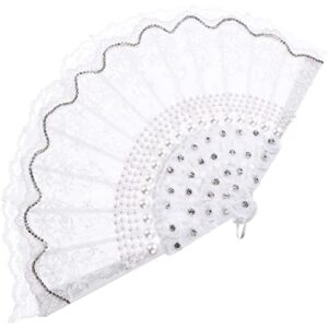 DECHOUS Lace Folding Fan Retro Folding Fan Folding Silk Fan Folding Fan Handheld Oriental Folding Fan Chinese Dance Fan Japan Foldable Fan Lunar New Year Hand Fan Large China Bride White