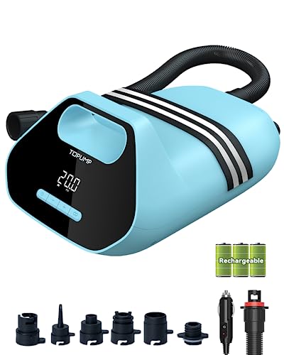 TOPUMP 7800mAh Rechargable SUP Air Pump TPS300,20PSI Electric Paddle Board Pump with Auto-Off Feature, Dual Stage Inflation & Deflation, AC/DC Battery for SUP, Inflatable Tent, Boat, Kayak