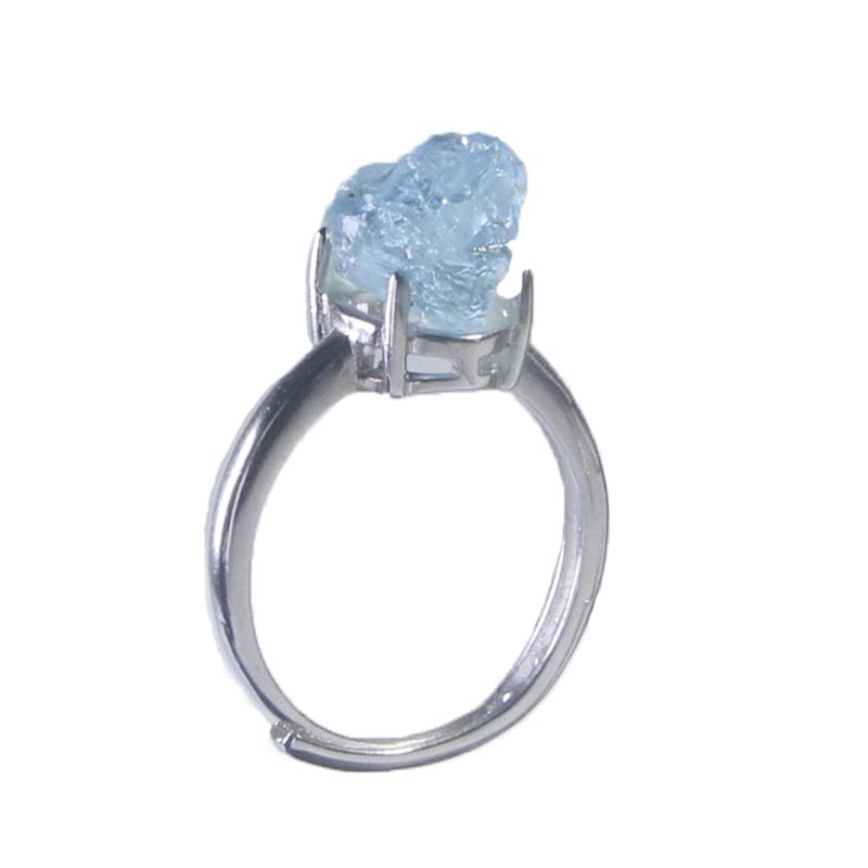 Sundarwald Small Aquamarine Raw Gemstone Varnished Brass Ring Adjustable for Women Men Unisex White Blue Stones Natural March Birthstone Slim Band Unique Simple Gifts