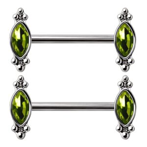 pierced owl 14ga 316l stainless steel green ornate cz crystal nipple barbells, sold as a pair